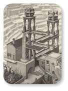 M.C. Escher: Waterfall - Möbius szalag és a Klein palack a 2-es, Penrose haromszög és ördögvilla a 3-as linken.